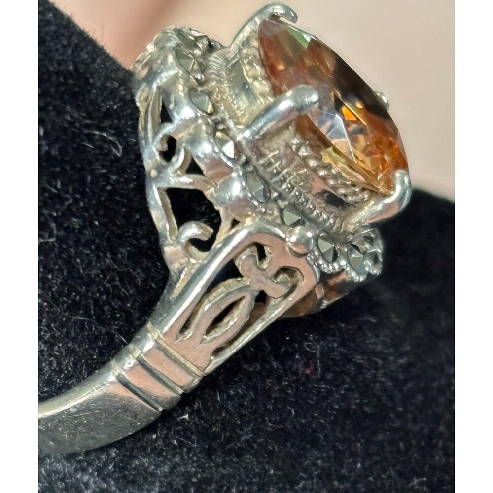 VTG Citrine CZ Marcasite Cocktail Ring Size 7.5 - Picture 3 of 5
